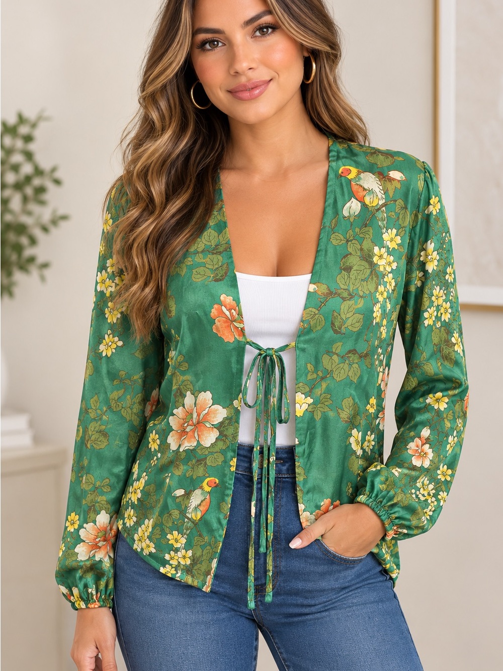 Floral Tie-Front Green top Size XS Majorelle